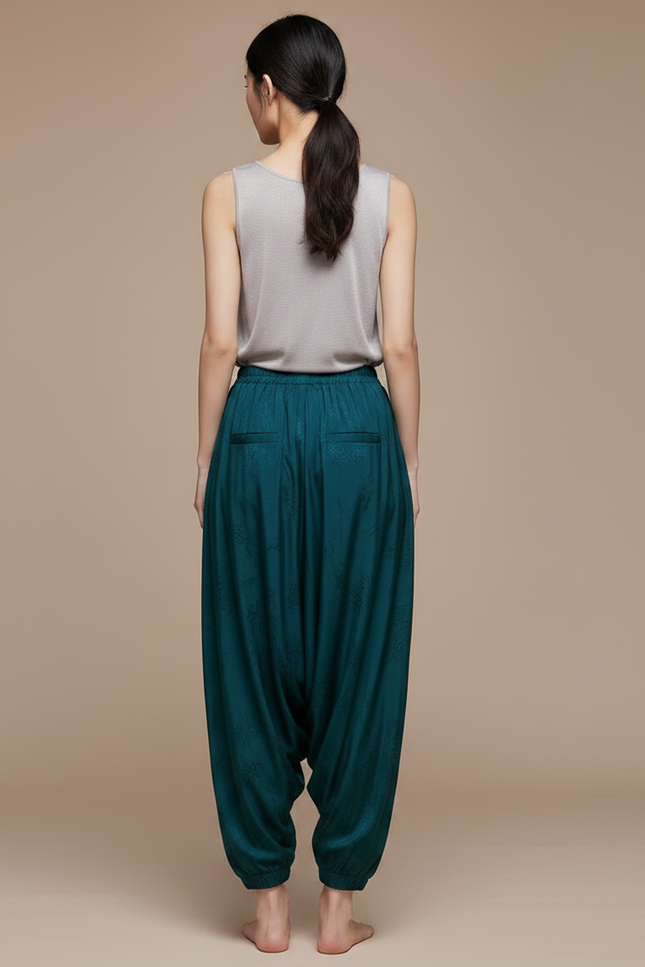 Pantalon Chinois Vert Dragon Brodé Satin Ample Femme - vue 2