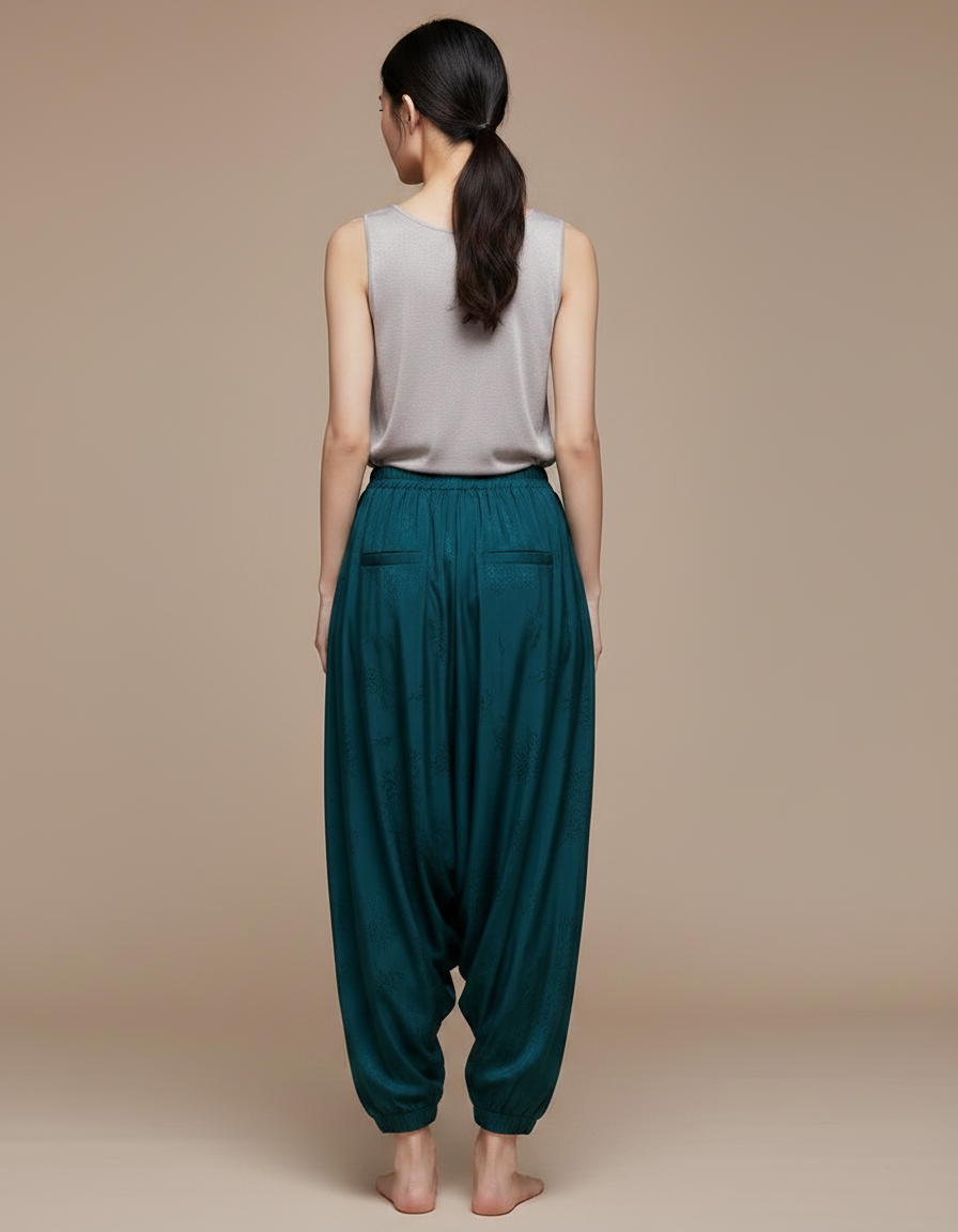Pantalon Chinois Vert Dragon Brodé Satin Ample Femme - vue 2