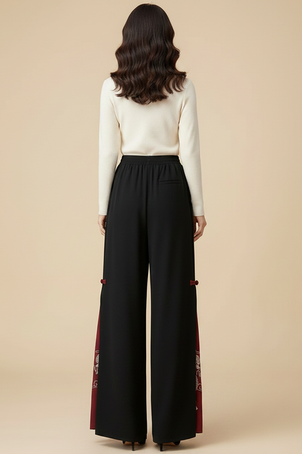 Pantalon Chinois Noir Brodé Fendu Large Femme - Polyester - vue 2