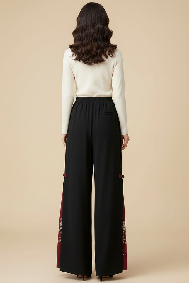 Pantalon Chinois Noir Brodé Fendu Large Femme - Polyester - vue 2