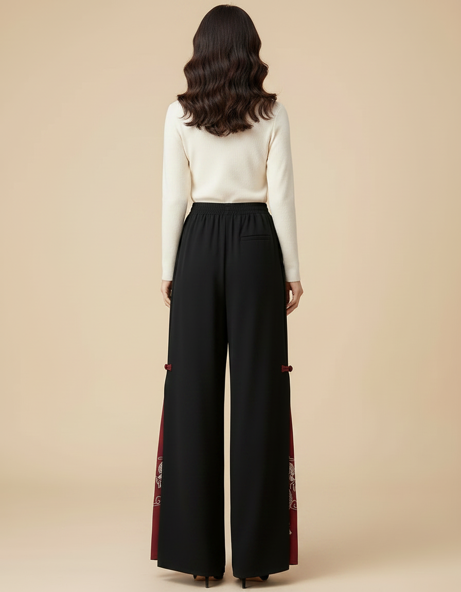Pantalon Chinois Noir Brodé Fendu Large Femme - Polyester - vue 2