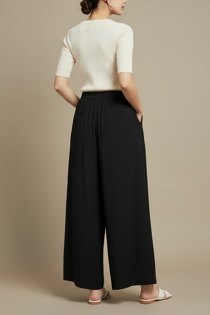 Pantalon Chinois Noir Ample Taille Haute Fendu - Viscose - vue 2