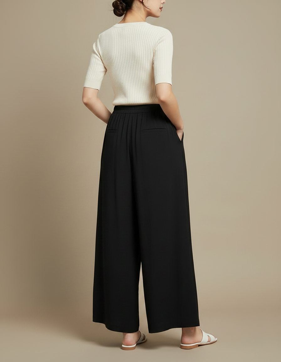 Pantalon Chinois Noir Ample Taille Haute Fendu - Viscose - vue 2
