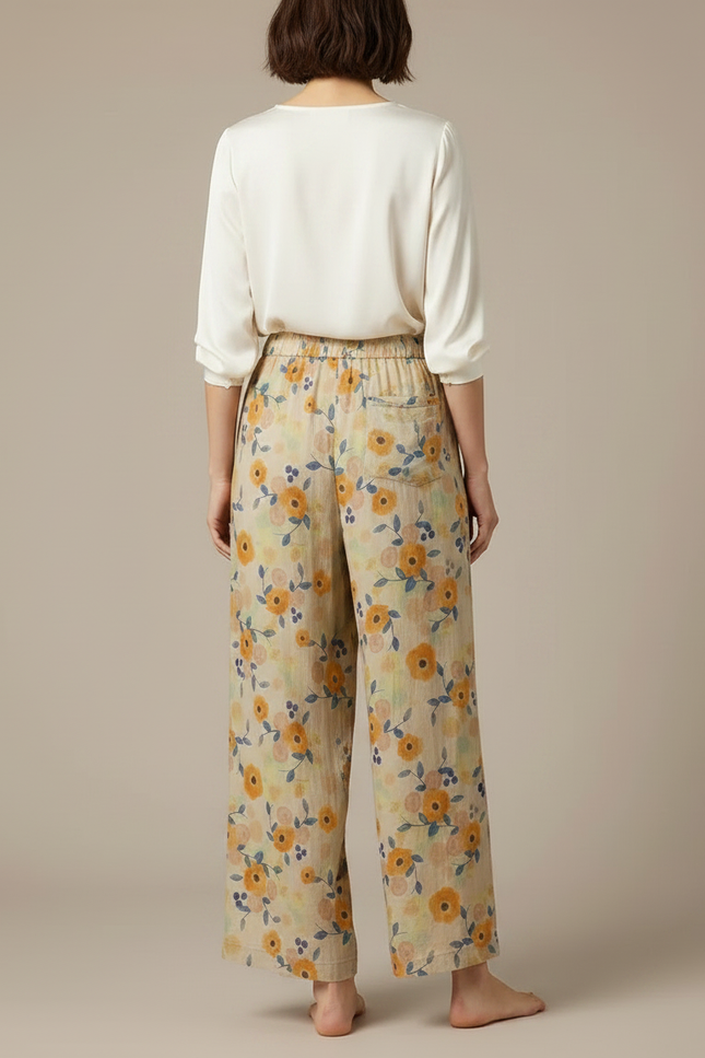 Pantalon Chinois Fleuri Ample Lin Coton Fluide Femme - Multicolore - vue 2