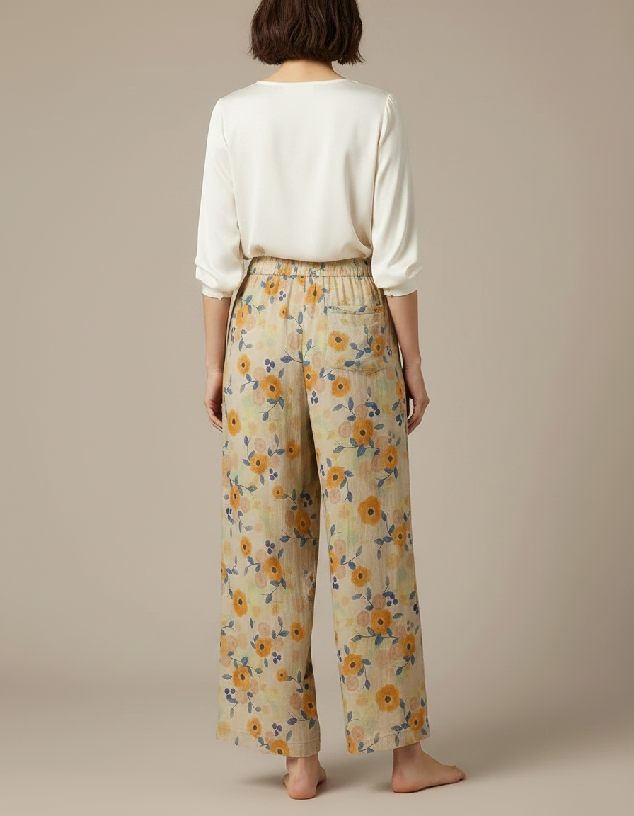 Pantalon Chinois Fleuri Ample Lin Coton Fluide Femme - Multicolore - vue 2