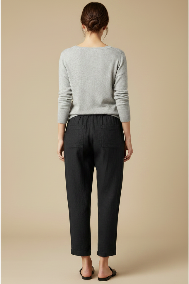 Pantalon Chinois Noir Décontracté Coton Ample Avec Cordon - Lin - vue 2