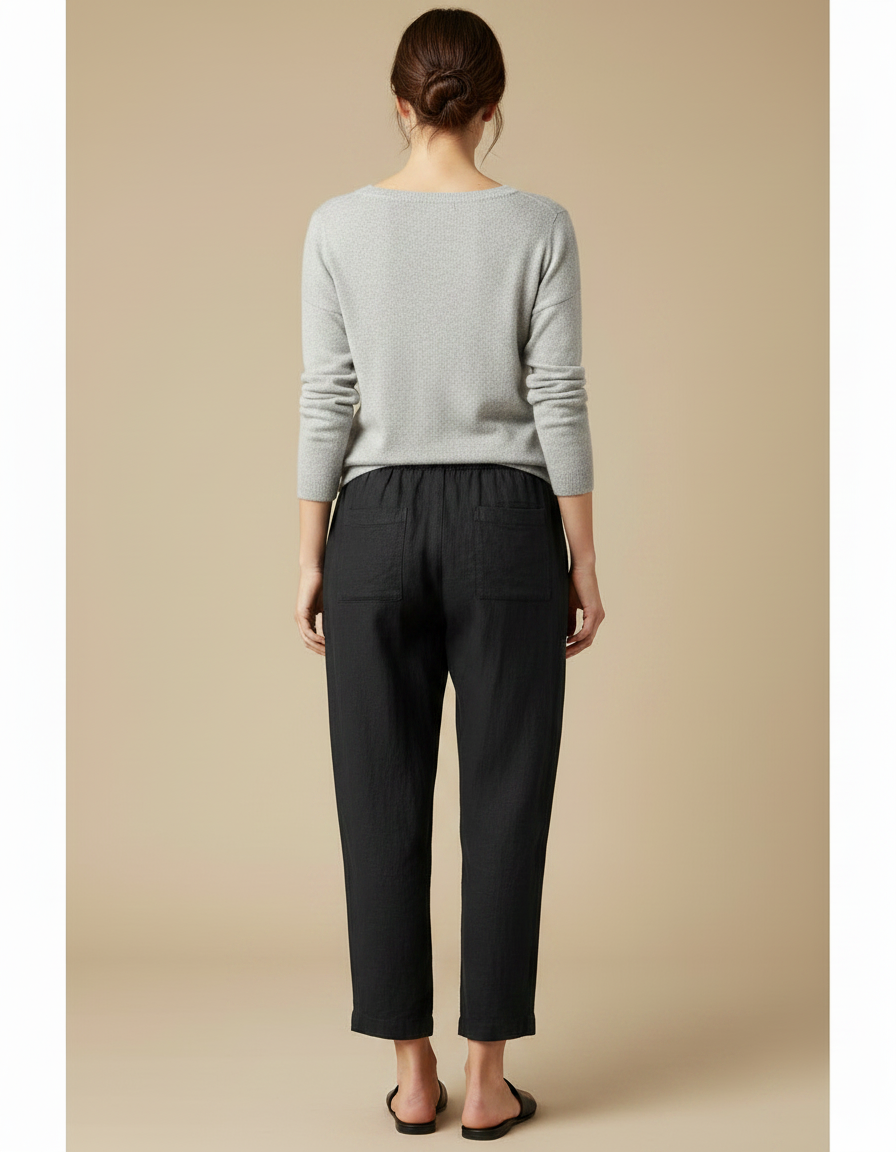 Pantalon Chinois Noir Décontracté Coton Ample Avec Cordon - Lin - vue 2