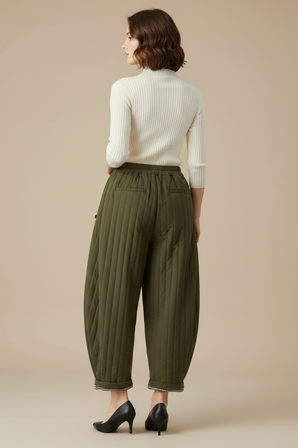 Pantalon Chinois Vert Matelassé Ample Harem Chaud - Kaki Polyester - vue 2