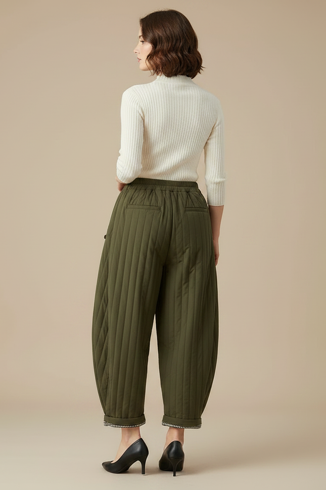 Pantalon Chinois Vert Matelassé Ample Harem Chaud - Kaki Polyester - vue 2