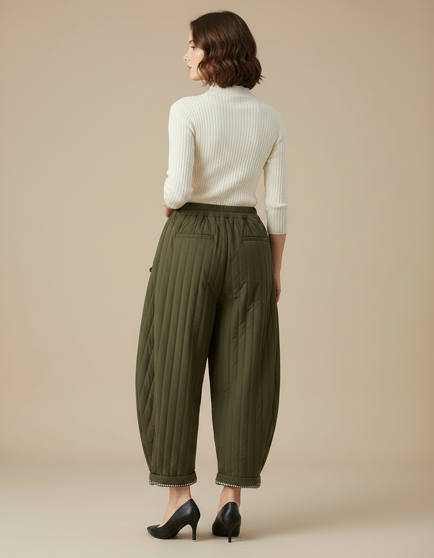Pantalon Chinois Vert Matelassé Ample Harem Chaud - Kaki Polyester - vue 2