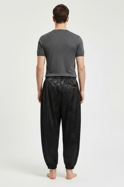 Pantalon Chinois Noir Satiné Jacquard Dragon Ample Harem - vue 2