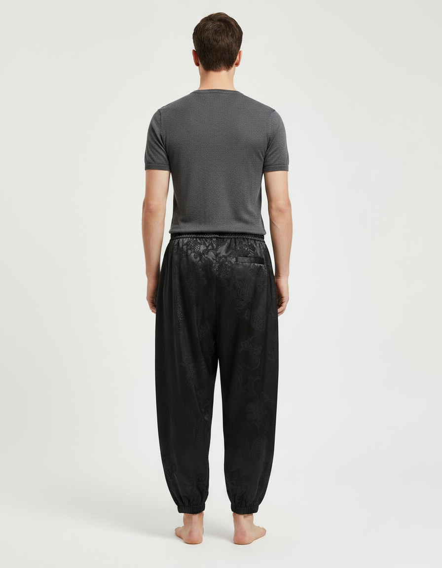 Pantalon Chinois Noir Satiné Jacquard Dragon Ample Harem - vue 2
