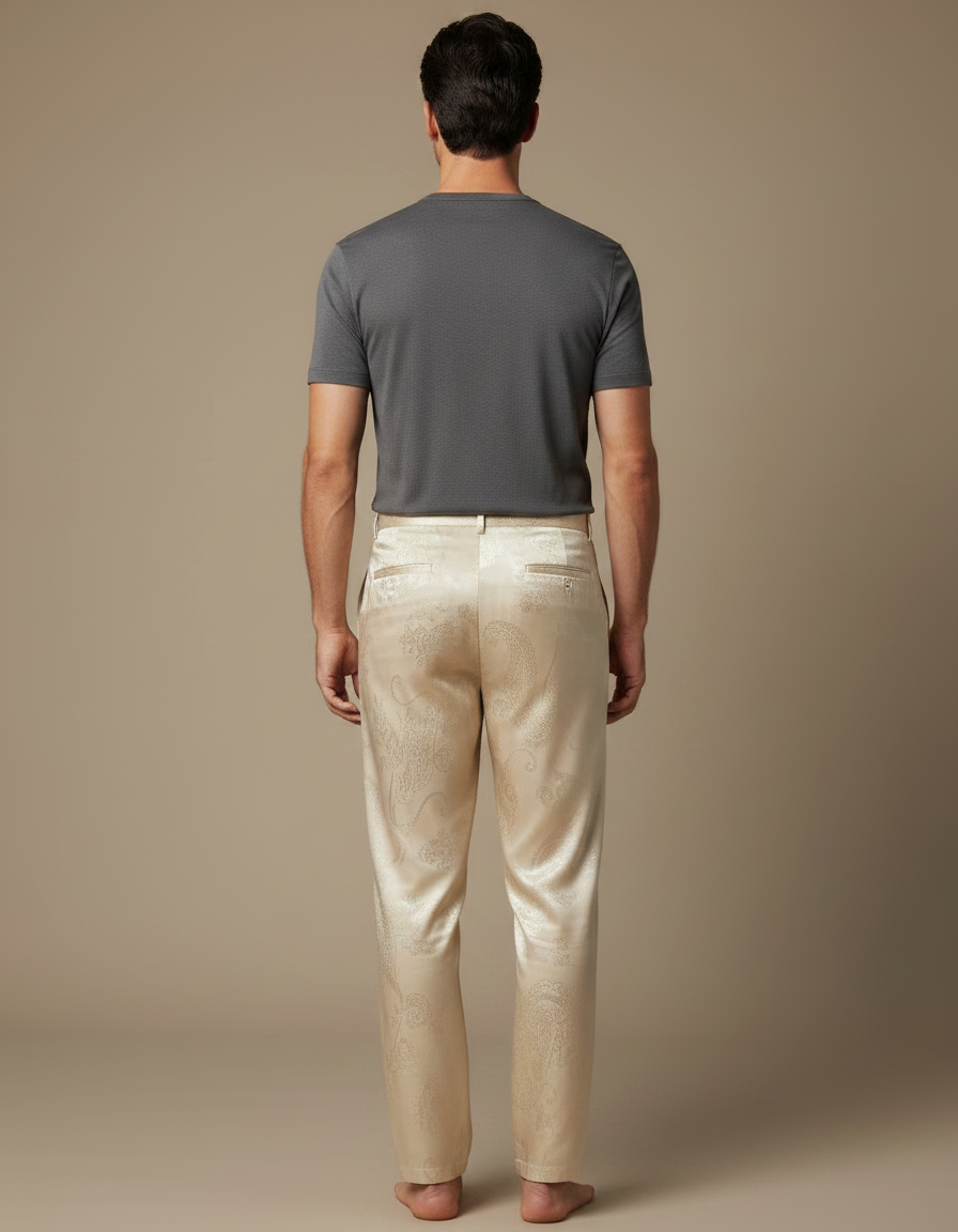 Pantalon Chinois Satin Beige Dragon Élégant Homme - vue 2