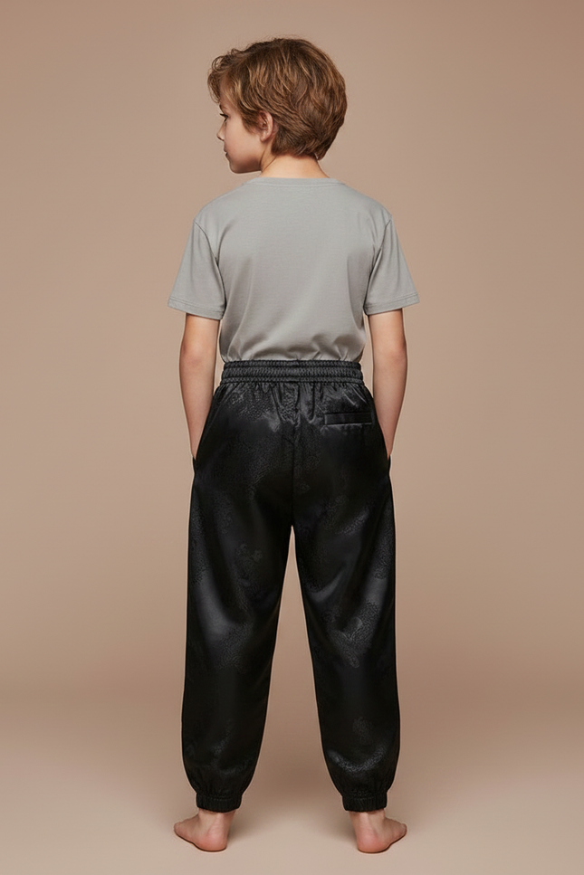 Pantalon Chinois Noir Satiné Ample Élastiqué Dragon Garçon - vue 2