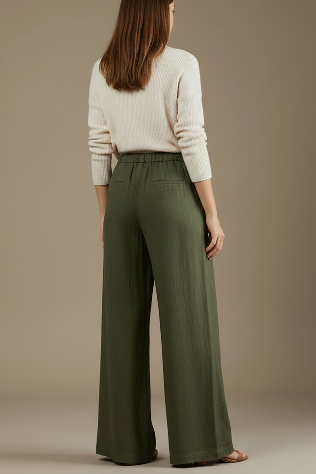 Pantalon Chinois Vert Armée Lin Ample Décontracté - Kaki - vue 2