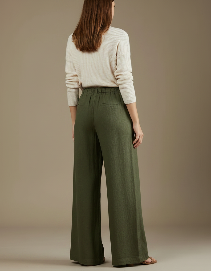Pantalon Chinois Vert Armée Lin Ample Décontracté - Kaki - vue 2