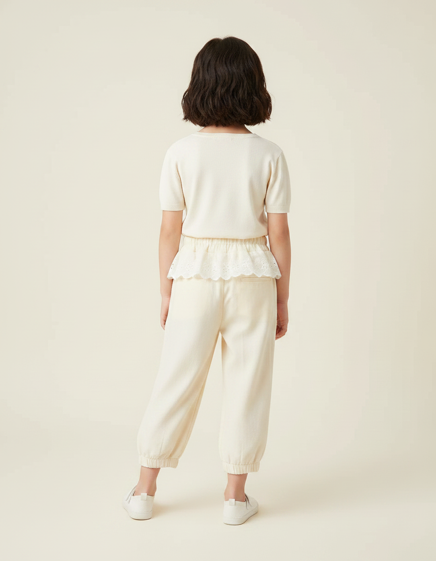 Pantalon Chinois Écru Fluide Ample Brodé Enfant - Beige Viscose - vue 2