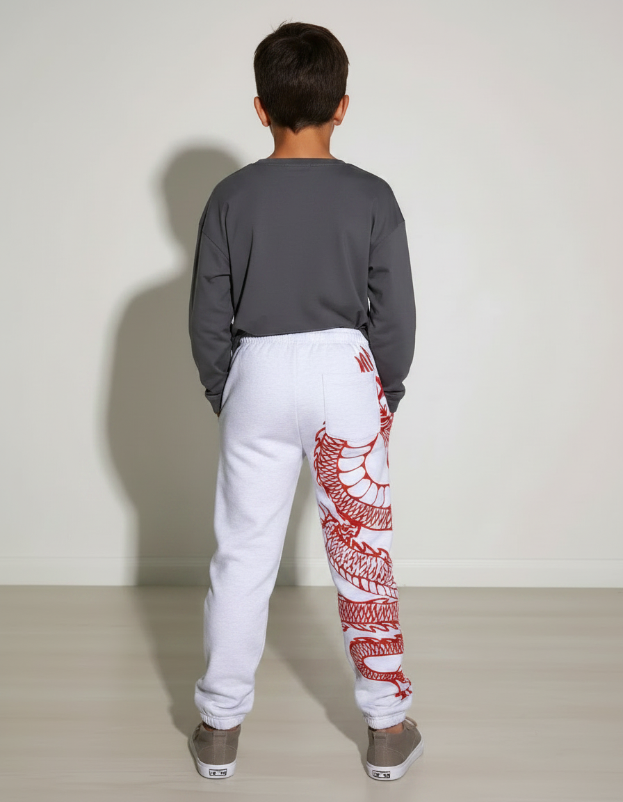 Pantalon Chinois Blanc Dragon Rouge Ample Enfant - Molleton - vue 2