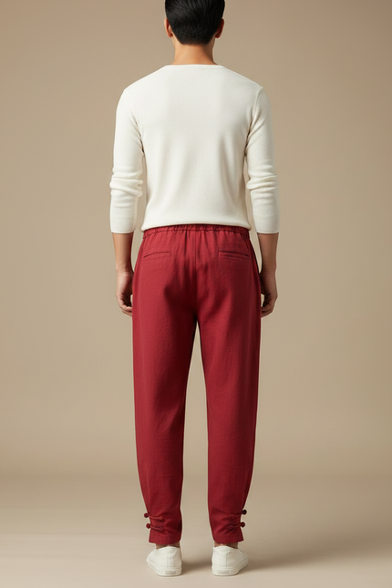 Pantalon Chinois Rouge Coton Lin Ample Décontracté - vue 2