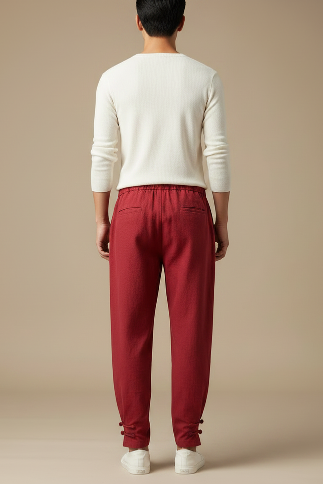 Pantalon Chinois Rouge Coton Lin Ample Décontracté - vue 2