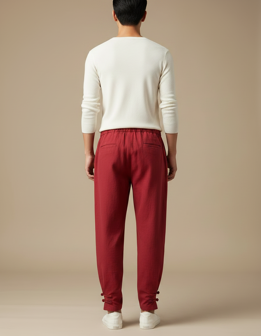 Pantalon Chinois Rouge Coton Lin Ample Décontracté - vue 2
