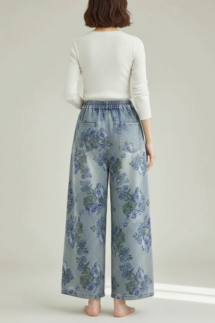 Pantalon Chinois Bleu Ample Imprimé Floral Denim Fluide - Jean - vue 2