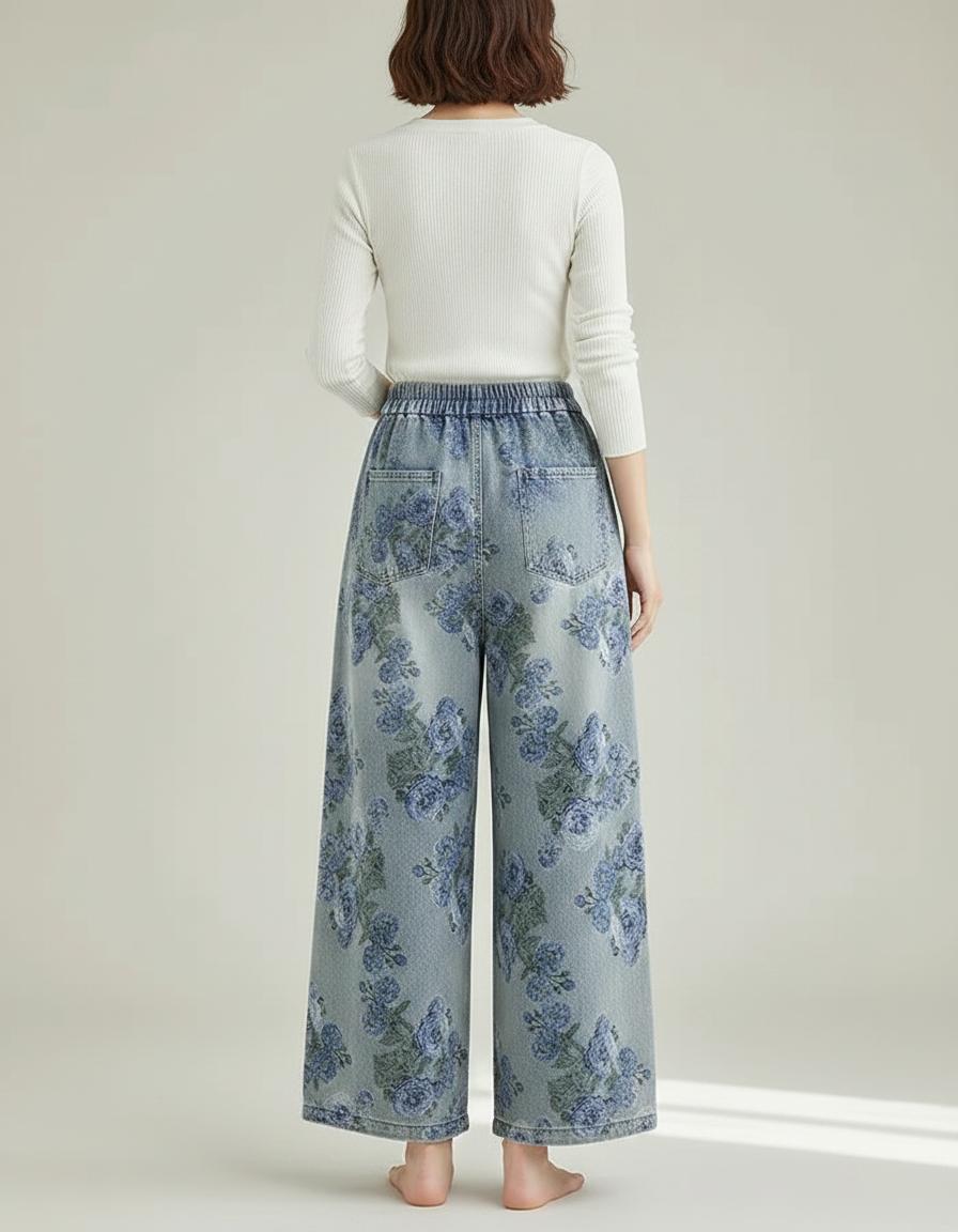 Pantalon Chinois Bleu Ample Imprimé Floral Denim Fluide - Jean - vue 2