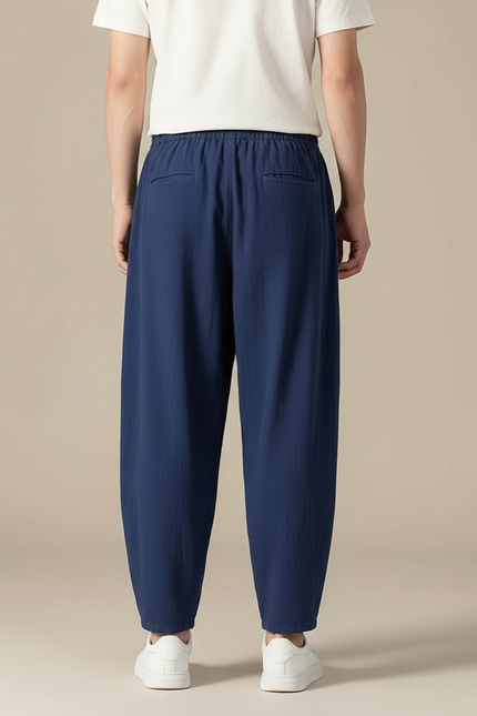 Pantalon Chinois Ample Coton Lin Bleu Marine - vue 2