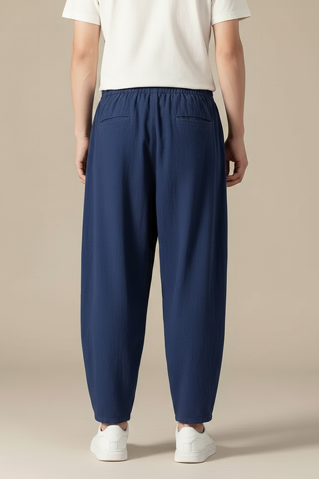 Pantalon Chinois Ample Coton Lin Bleu Marine - vue 2