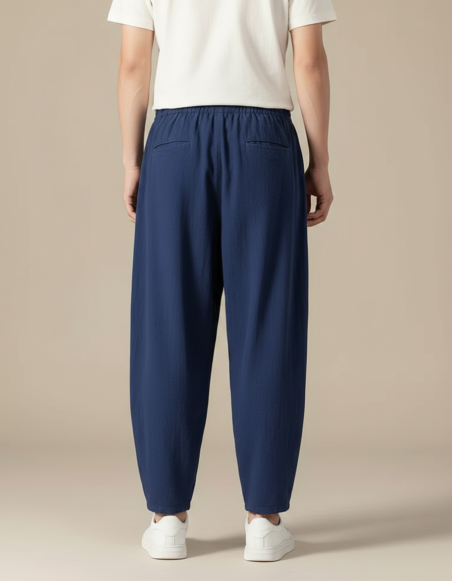 Pantalon Chinois Ample Coton Lin Bleu Marine - vue 2