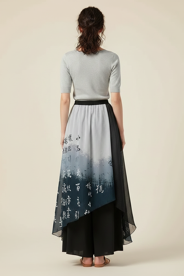 Pantalon Chinois Jupe Ample Chiffon Encre Imprimé Dégradé - Noir Satin - vue 2
