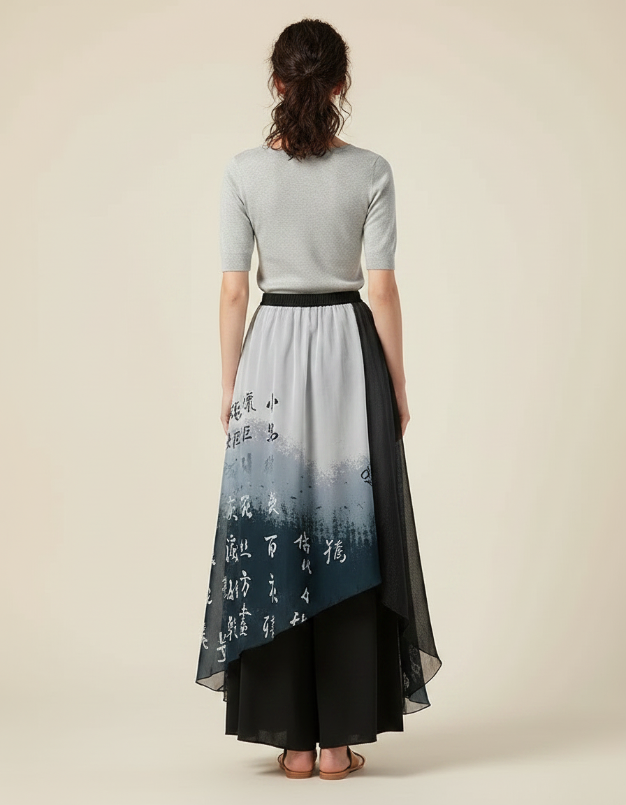 Pantalon Chinois Jupe Ample Chiffon Encre Imprimé Dégradé - Noir Satin - vue 2