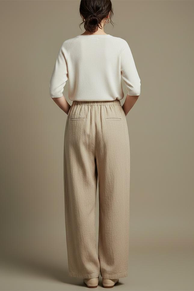 Pantalon Chinois Beige Ample Lin Coton Boutons - vue 2