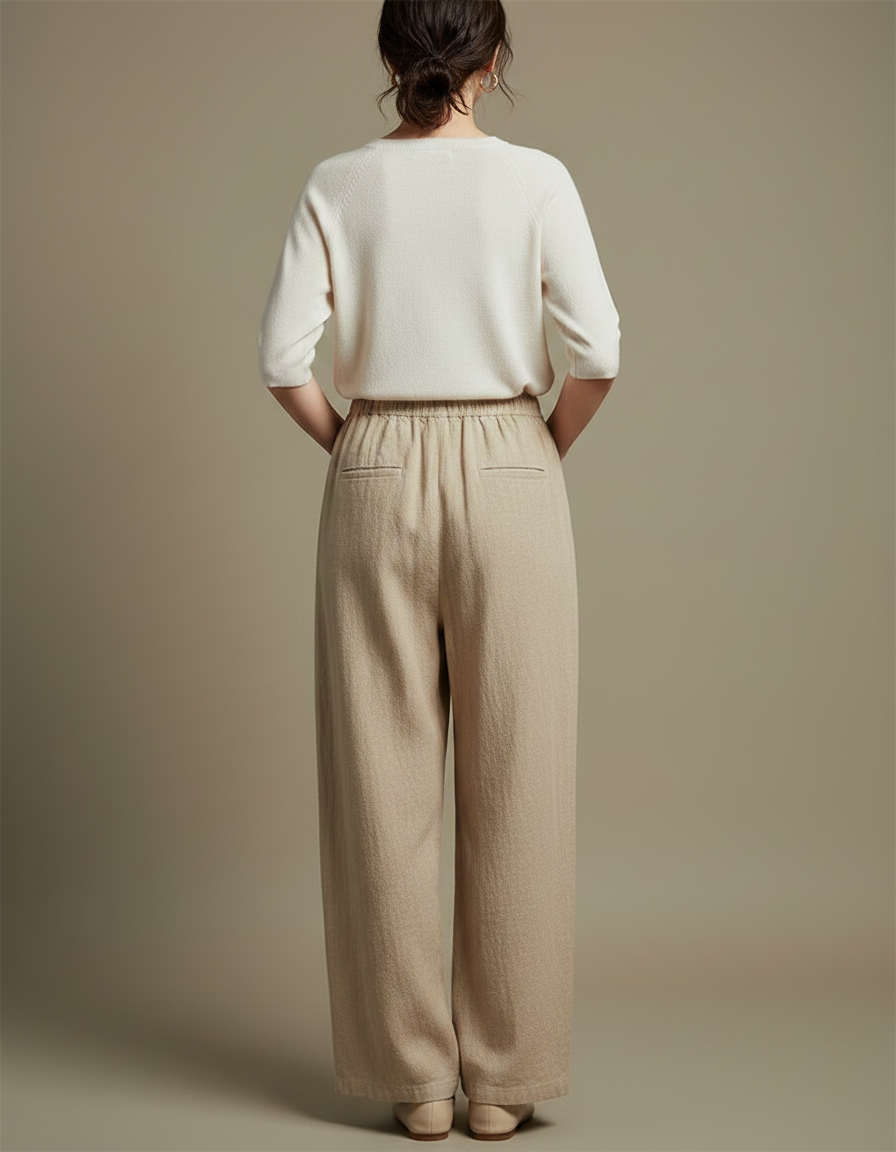 Pantalon Chinois Beige Ample Lin Coton Boutons - vue 2