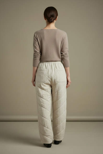 Pantalon Chinois Matelassé Écru Ample Coton Lin - Beige - vue 2