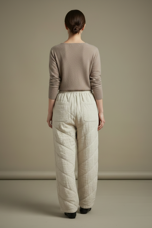 Pantalon Chinois Matelassé Écru Ample Coton Lin - Beige - vue 2
