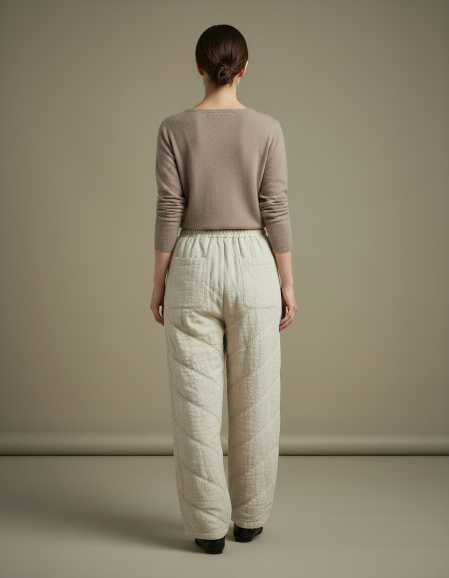 Pantalon Chinois Matelassé Écru Ample Coton Lin - Beige - vue 2