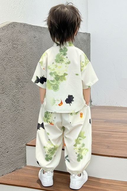 Pantalon Chinois Blanc Ample Goldfish Floral Enfant - Viscose