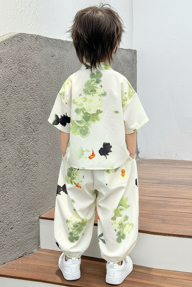Pantalon Chinois Blanc Ample Goldfish Floral Enfant - Viscose