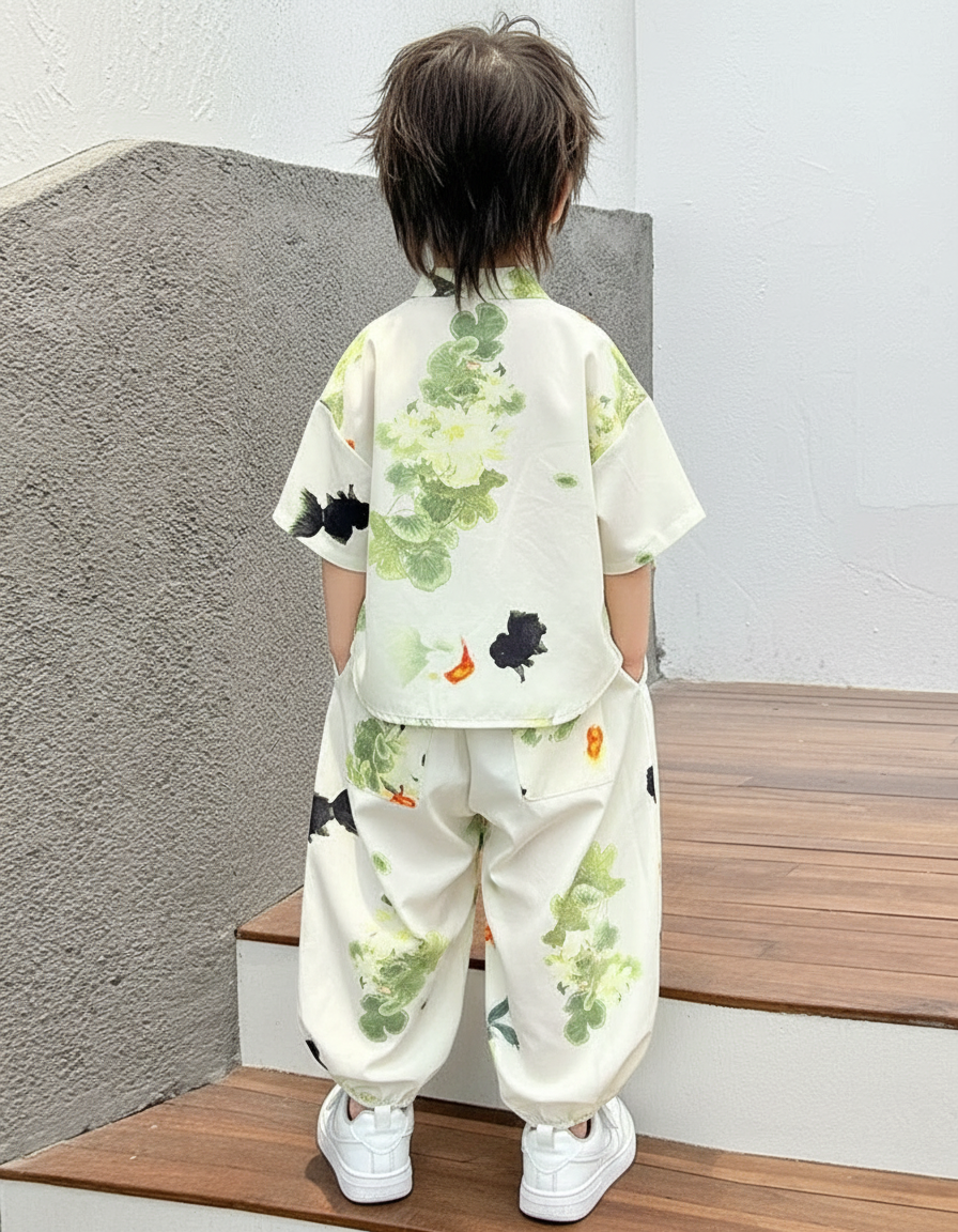 Pantalon Chinois Blanc Ample Goldfish Floral Enfant - Viscose