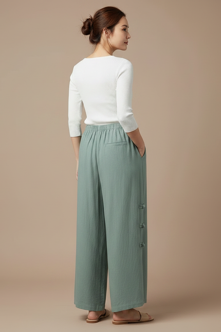 Pantalon Chinois Vert Sauge Lin Ample Boutons Latéraux - vue 2