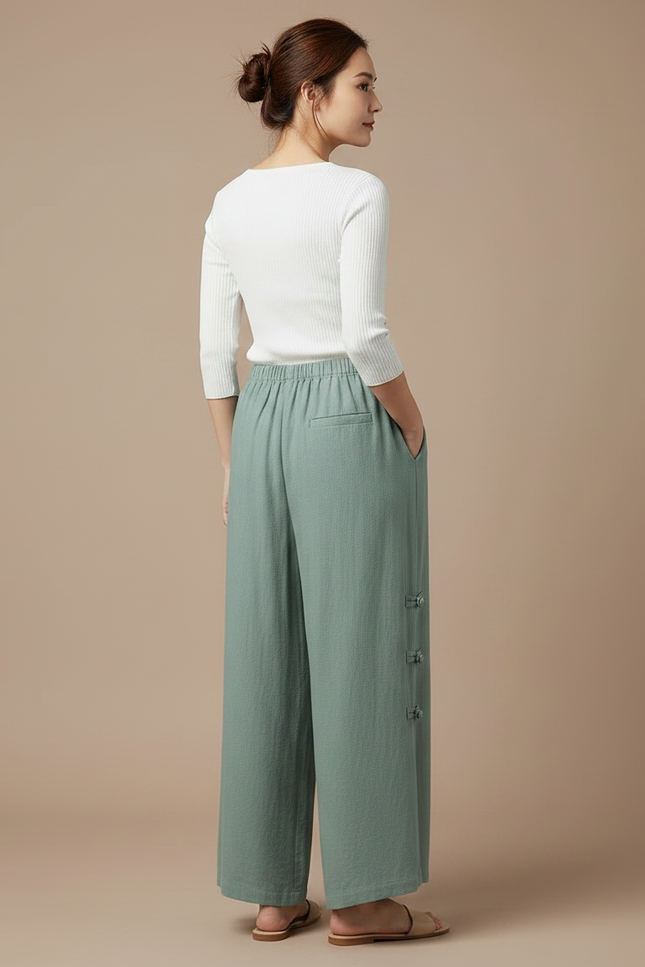 Pantalon Chinois Vert Sauge Lin Ample Boutons Latéraux - vue 2