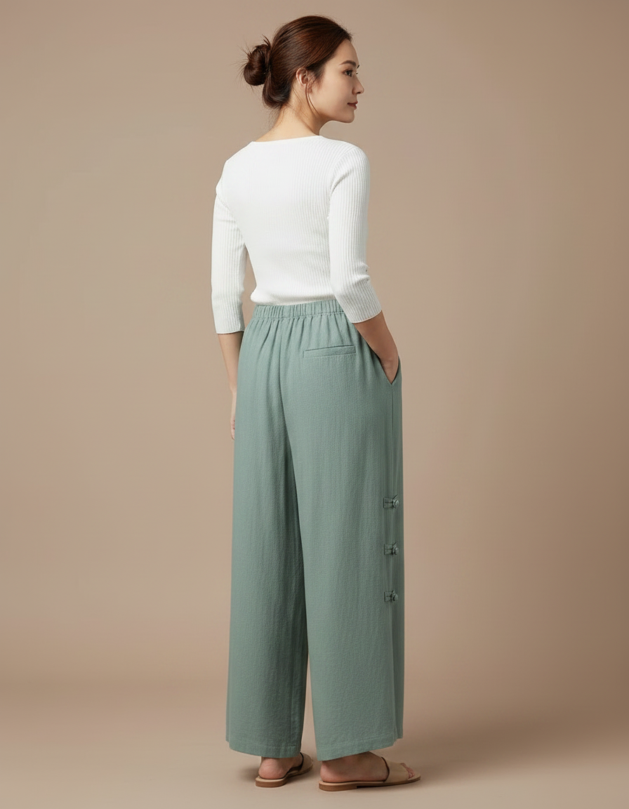 Pantalon Chinois Vert Sauge Lin Ample Boutons Latéraux - vue 2