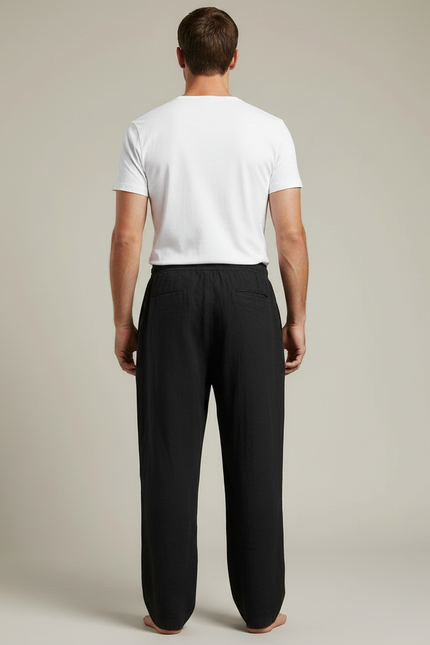 Pantalon Chinois Noir Ample Coton Lin Casual - vue 2