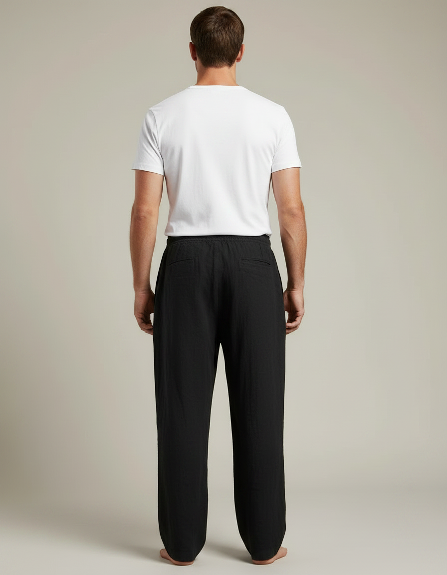 Pantalon Chinois Noir Ample Coton Lin Casual - vue 2
