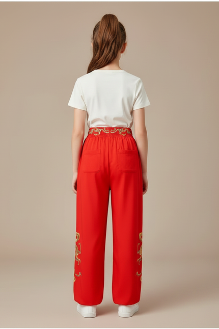 Pantalon Chinois Rouge Ample Doré Brodé Enfant - Polyester - vue 2