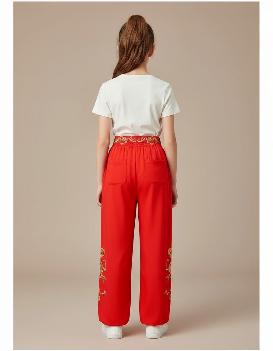 Pantalon Chinois Rouge Ample Doré Brodé Enfant - Polyester - vue 2