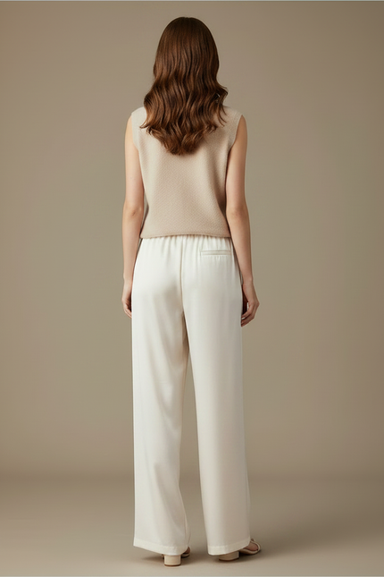 Pantalon Chinois Écru Satin Jacquard Ample Élégant Femme - Blanc - vue 2