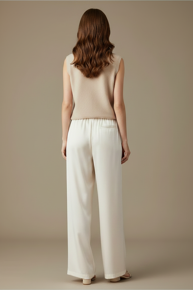 Pantalon Chinois Écru Satin Jacquard Ample Élégant Femme - Blanc - vue 2