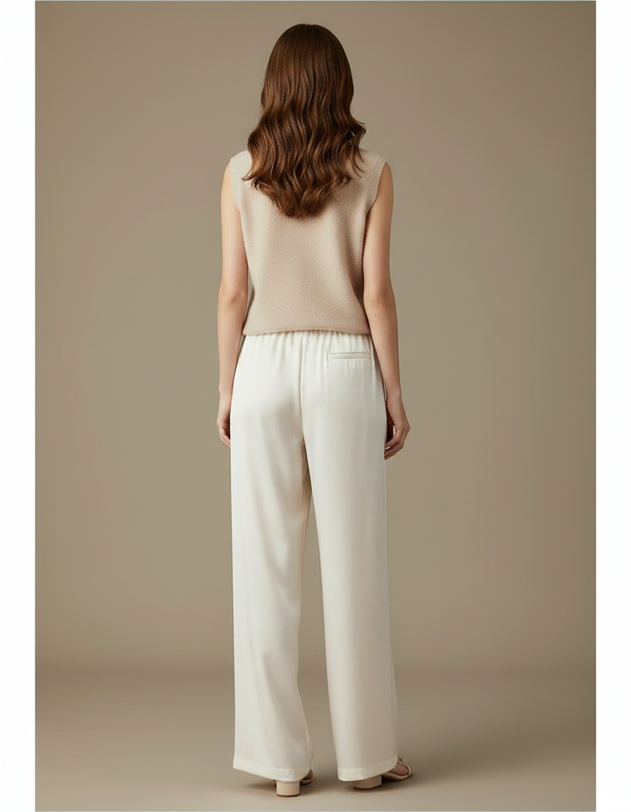 Pantalon Chinois Écru Satin Jacquard Ample Élégant Femme - Blanc - vue 2